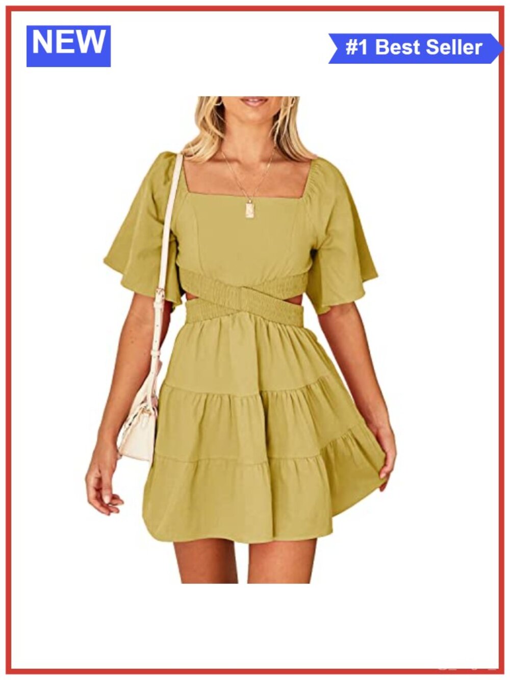 Women's 100% Cotton Square Neck Mini Dress Short Sleeve Tiered Ruffle